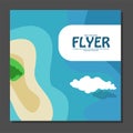 Flyer in flat style with a map of the island to travel and vacation on yacht clouds in the sky. View from the birds flight.