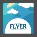 Flyer in flat style with a map of the island to travel and vacation on yacht clouds in the sky. View from the birds flight.