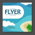 Flyer in flat style with a map of the island to travel and vacation on yacht clouds in the sky. View from the birds flight.