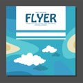 Flyer in flat style with a map of the island to travel and vacation on yacht clouds in the sky. View from the birds flight.