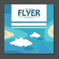 Flyer in flat style with a map of the island to travel and vacation on yacht clouds in the sky. View from the birds flight. Vecto