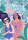 Flyer, invitation or poster template for summer party with happy women in swimsuits holding exotic cocktails and Royalty Free Stock Photo