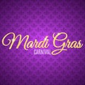 Flyer for Mardi Gras carnival. Gold glitter text with golden sparkles. Seamless pattern from purple heraldic lily. Fleur de lis sy Royalty Free Stock Photo