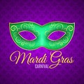 Flyer for Mardi Gras carnival. Green glitter mask with green sparkles. Seamless pattern from purple heraldic lily. Fleur de lis sy Royalty Free Stock Photo