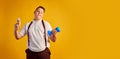 Flyer with portrait of happy overweight boy in white t-shirt make a choice between ice-cream and sport. Fast food