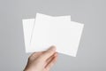 A6 Flyer / Postcard / Invitation Mock-Up - Male hands holding blank flyers on a gray background Royalty Free Stock Photo