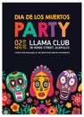 Flyer, poster or holiday party invitation template decorated by calaveras or skulls, Catrina`s face and flowers on black