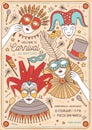 Flyer, poster or invitation template for masquerade ball, Mardi Gras carnival or party with cartoon characters wearing