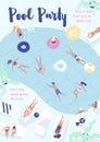 Flyer, poster, party invitation template with people dressed in swimwear swimming and diving in pool, lying on