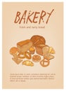 Flyer or poster template with different types of fresh, tasty bread, pastry or baked products and place for text