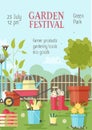 Flyer or poster template with gardening or agricultural tools, equipment for plant cultivation and place for text