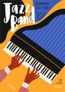 Flyer or poster template for jazz festival, concert, music performance with pianist`s hands playing grand piano and