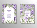 Flyer set with purple wisteria. Flower and garden shop. Banner, poster, brochure, cover, template, invitation a4 size