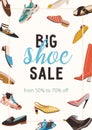 Flyer with shoe sale announcement. Design of template with collection of women fashion footwear and place for text