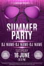 Flyer for a Summer Party. Beach sunglasses with neon glow. Purple background with palm trees. The names of the club and DJ. Poster