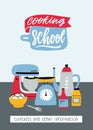 Flyer template with kitchen utensils, electric and manual tools for food preparation. Colorful vector illustration in Royalty Free Stock Photo