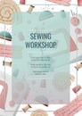 Flyer template with sewing machine and sewing supplies. Light industry. Needlework, hobby, sewing. Poster banner for