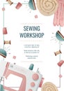 Flyer template with sewing machine and sewing supplies. Light industry. Needlework, hobby, sewing. Poster banner for