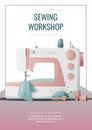 Flyer template with sewing machine and sewing supplies. Light industry. Needlework, hobby, sewing. Poster banner for