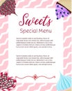 Flyer template for sweet shop on beige background with cute desserts in cartoon flat style