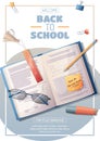 Flyer template with textbook with stationery. School time, back to school, education. Flyer, poster, banner size a 4 Royalty Free Stock Photo