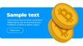 flyer web banner template 2 gold volume coins of virtual digital crypto currency bitcoin on blue background with text