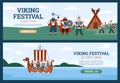Flyers for viking festival with warriors in drakkar, flat vector illustration.