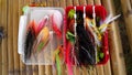 Flyfishing box full of colorful flies - short depth of field Royalty Free Stock Photo