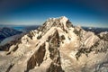 Flying above the snow capped peak of Aoraki Mount Cook with the surrounding peaks and alpine lakes Royalty Free Stock Photo
