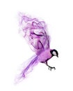 Flying abstract lilac bird from smoke isolated on white