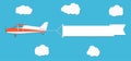 Flying advertising banner. Plane with horizontal banner on blue sky background Royalty Free Stock Photo