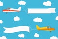 Flying advertising banner. Planes with horizontal banners on blue sky background Royalty Free Stock Photo