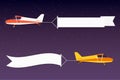 Flying advertising banner. Planes with horizontal banners in night outer space background