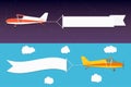 Flying advertising banner. Planes with horizontal banners in night outer space and day blue sky background