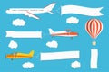 Flying Advertising Banner. Planes And Hot Air Balloon With Horizontal And Vertical Banners On Blue Sky Background