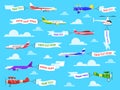 Flying advertising banner. Sky planes banners airplane flight helicopter ribbon template text advertisement message set Royalty Free Stock Photo