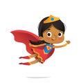 Flying African-American Girl wearing colorful costumes of superheroe, isolated on white background. Cartoon vector