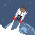 Flying African businessman with jetpack.