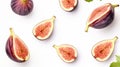 Flying in air fresh ripe whole and cut Figs isolated on white background. generative ai Royalty Free Stock Photo