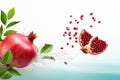 Generate AI. Flying in air fresh ripe whole and cut pomegranate with seeds and leaves isolated on white background. High resolutio