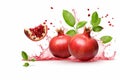 Generate AI. Flying in air fresh ripe whole and cut pomegranate with seeds and leaves isolated on white background. High resolutio