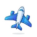 Flying air plane top view. Summer journey by air transport. Symbol of aviation and tourism Royalty Free Stock Photo