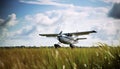 Flying air vehicle propels through blue sky over grassy meadow generated by AI