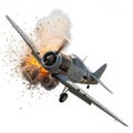 Flying aircraft with exploding aero engine isolated on white background Royalty Free Stock Photo
