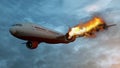Flying aircraft with exploding aero engine just before air crash. 3D illustration Royalty Free Stock Photo