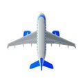 Flying Aircraft, White and Blue Airplane, View from Above, Air Transport Vector Illustration