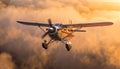 Flying airplane in the blue sky, propeller spinning, sunset backdrop generated by AI Royalty Free Stock Photo