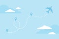 Flying airplane and dashed line flight route with map pin icons on a blue cloudy background. Flat vector illustration Royalty Free Stock Photo