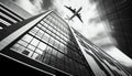 Flying airplane modern architecture building low angle black white high contrast picture aeroplane skyscraper bottom view plane Royalty Free Stock Photo