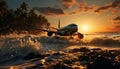 Flying airplane over sunset, transporting passengers on vacation or business travel generated by AI Royalty Free Stock Photo